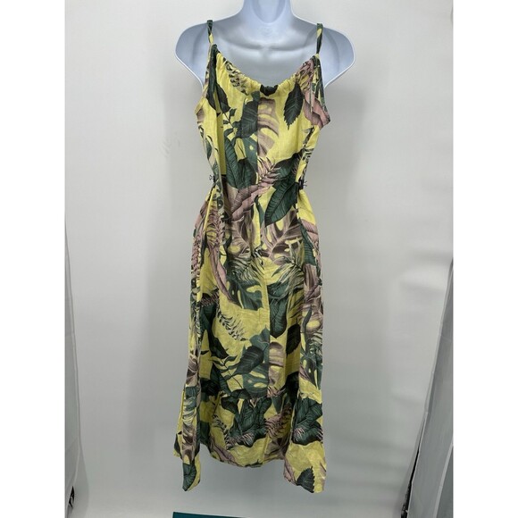 BELLA AMBRA Italy Linen Tropical Hawaiian print Midi Dress Shift Ruffle Hem Bow - Picture 4 of 13